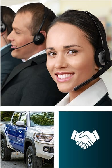 A group of individuals wearing headsets stands near a truck